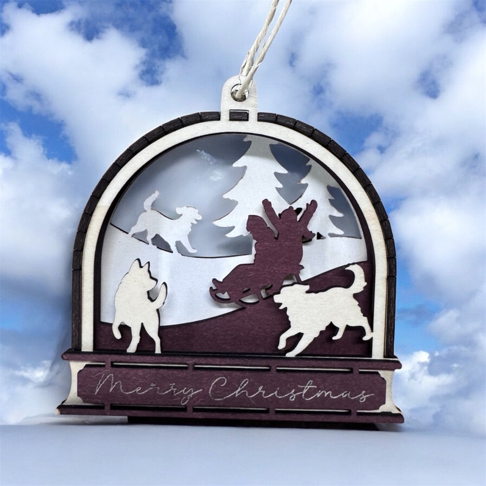 3/$20 Wooden “Merry Christmas” Ornament with Dogs & Child Sled Scene